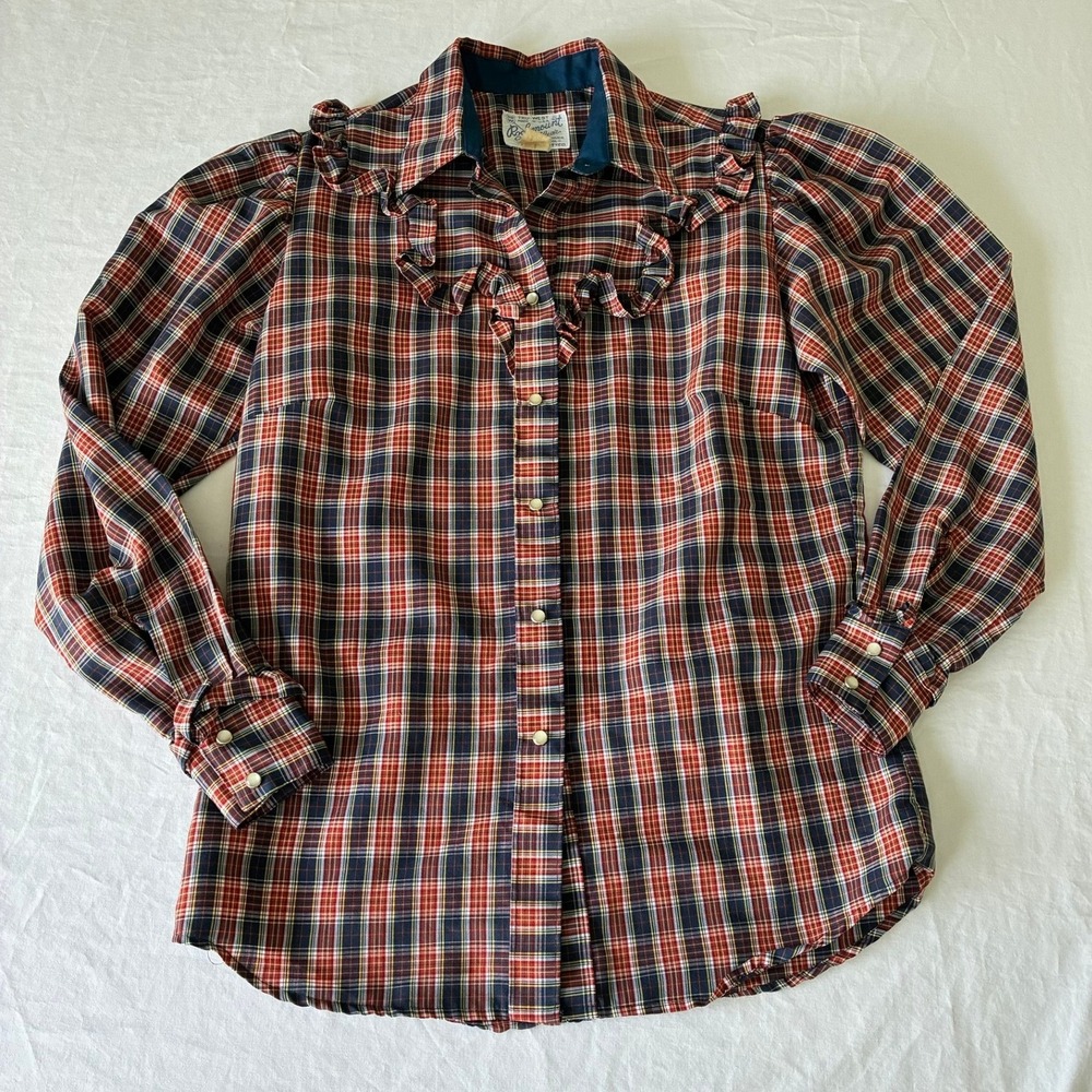 Rockmount Ranch Wear Vintage Plaid Ruffle Western Pearl Snap Shirt Red Blue 34